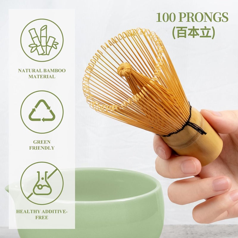 YIBO Matcha Whisk Set, Matcha Kit Bamboo Whisk and Ceramic Bowl with Spout & Measuring Spoon & Cup, Japanese Ceremony Matcha Tea Making Tools Green - Image 2